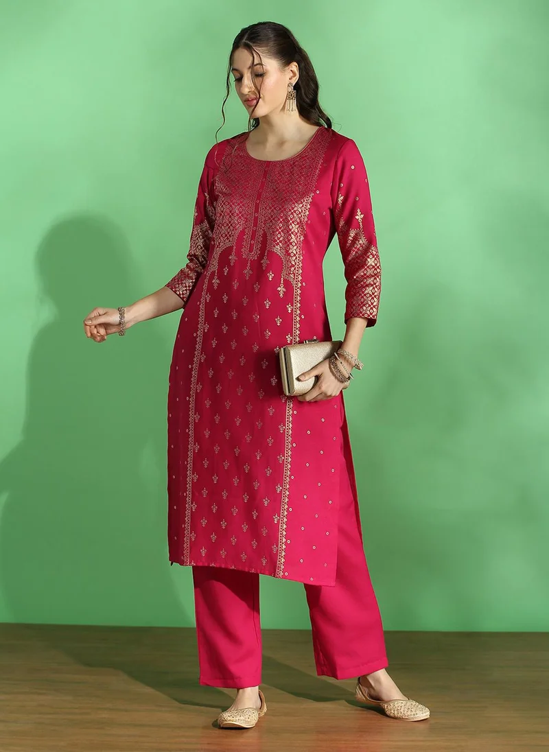 جلو باص Globus Women Pink Round Neck Floral Ethnic Foil Print Straight Festive Kurta & Pant Set